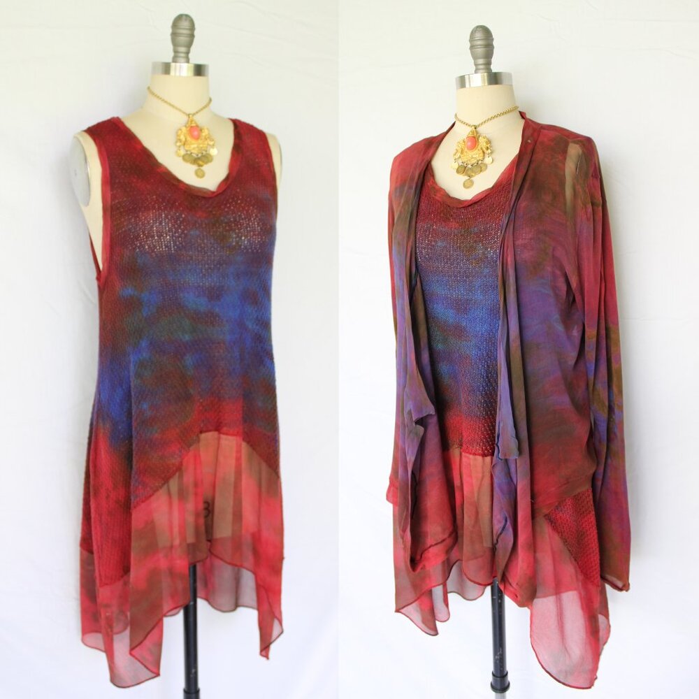 MEZON Wearable Art dress set Shibori Tie Dye sweater dress cardigan jacket M